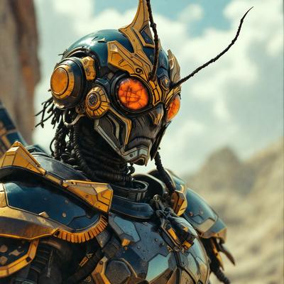 The primary subject of the image is a robot with a mix of gold and black colors. The robot is wearing a helmet and has a pair of antennae. The setting is a desert-like environment, with a rocky background. The visual style is a combination of photo and digital art, creating a futuristic and intriguing scene. The colors and mood of the image are predominantly dark and mysterious, with the gold accents adding a touch of warmth and sophistication.